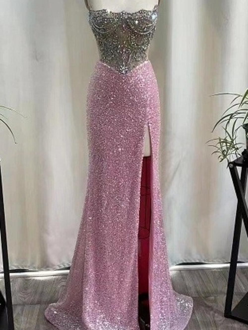 Jovani Silver-Beaded Bodice Pink Sequin Strapless Gown